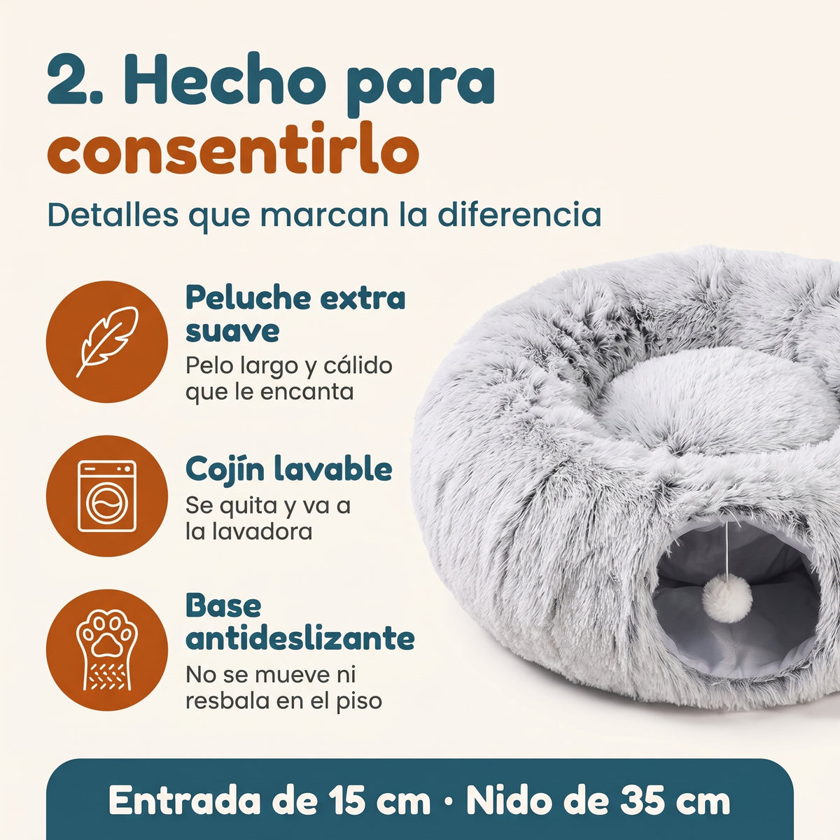 Peluche suave, cojín lavable y base antideslizante